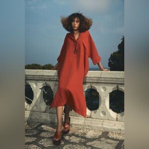 Zara Tunic Red 100% Linen Maxi Dress Size Medium Flowy Beach Laggenlook Boho